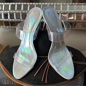 SCHUTZ Ariella Clear Iridescent PVC High-Heel Sandals, size 10